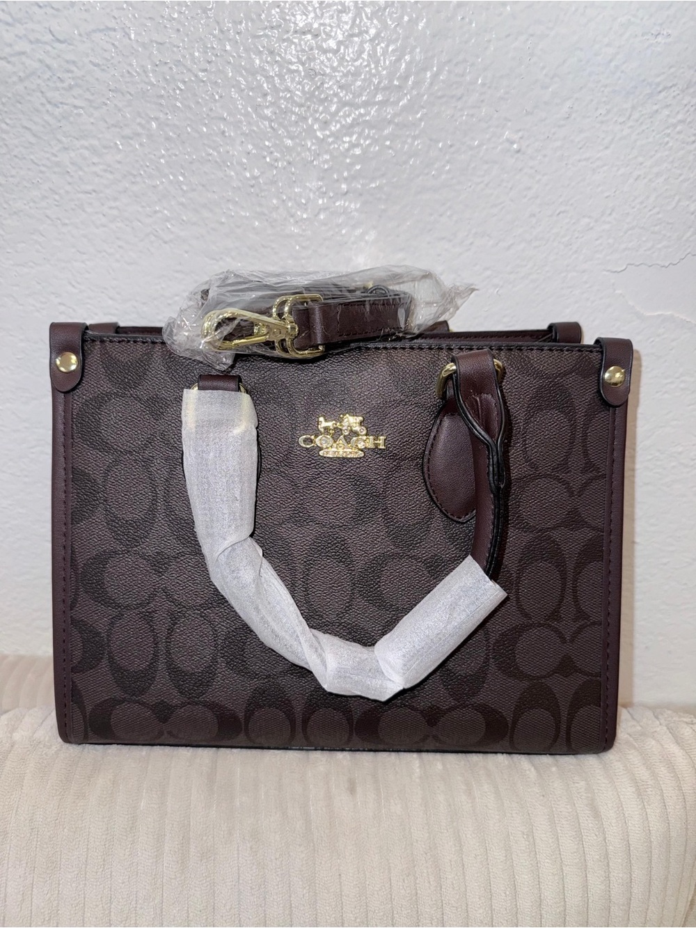 Coach Brown Signature Jacquard Satchel with Gold Hardware